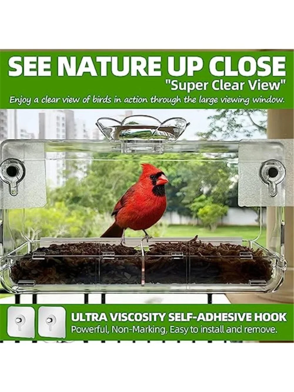 New Window Bird Feeder with Non-Marking Self-Adhesive Hooks
